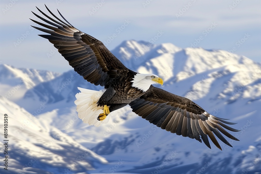 Bald Eagle Soaring Over Snow-Capped Mountains Bald Eagle Soaring Over Snow-Capped Mountains