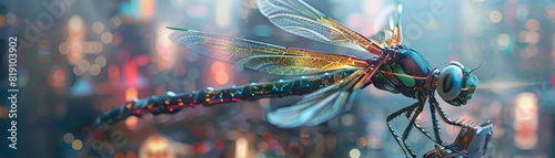 Close up of a bioengineered dragonfly with multispectrum wings, monitoring climate change effects over a sprawling, flooded cityscape, sharpen with copy space photo