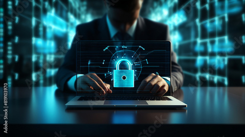 A professional using a laptop with a padlock icon symbolizing cybersecurity and network protection for secure user information. Emphasizing business technology, data protection, and online privacy 