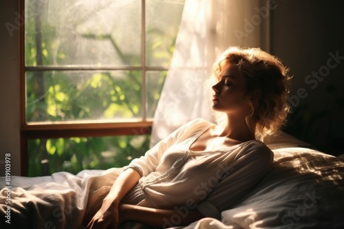 woman waking up and relaxing near window at home