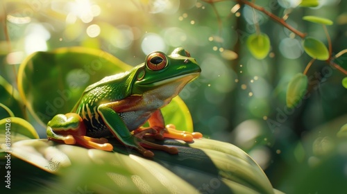 Green Frog in a cinematic jungle forest background with beautiful colors