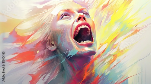 Creative artistic drawing of the human face. Paint splatter. Dramatic moment. Psychedelic expressive style.