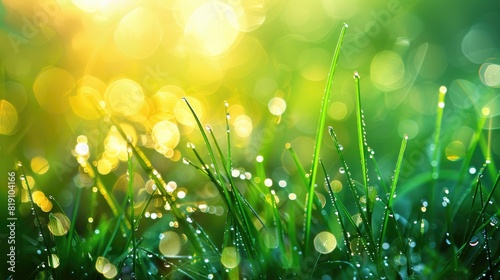 Green grass with dew drops in the morning. Natural background
