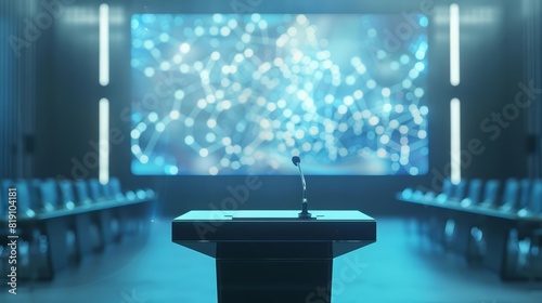 Close up of a blank podium in a futuristic conference room