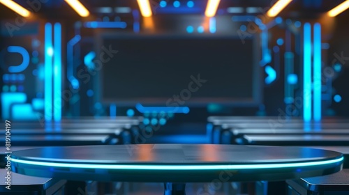Close up of a blank podium in a virtual reality classroom