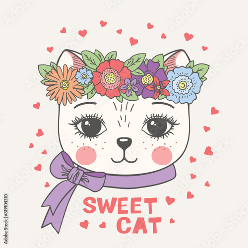Cat girl face with floral wreath, ribbon bow. Sweet cat slogan text