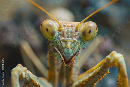 Close up of a camouflaged mantis, its limbs morphing texture to blend into a hightech espionage operation, its eyes wide and alert, sharpen with copy space © JK_kyoto