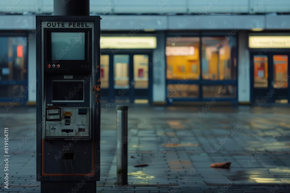 Naklejka premium Close up of a cinema ticket kiosk, its screen displaying an eternal Out of Service message, standing alone in the forecourt of a shuttered mall, sharpen with copy space
