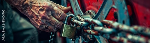 Close up of a cinema owners hands, holding a lock and chain in front of a bankrupt movie theater, the final closure of a oncethriving cultural hotspot, sharpen with copy space photo