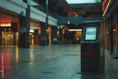 Close up of a cinema ticket kiosk, its screen displaying an eternal Out of Service message, standing alone in the forecourt of a shuttered mall, sharpen with copy space