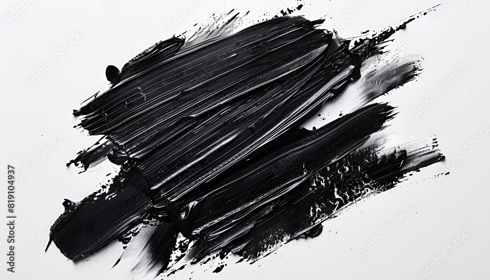 Black oil paint stroke on white background, top view Black oil paint stroke on white background, top view