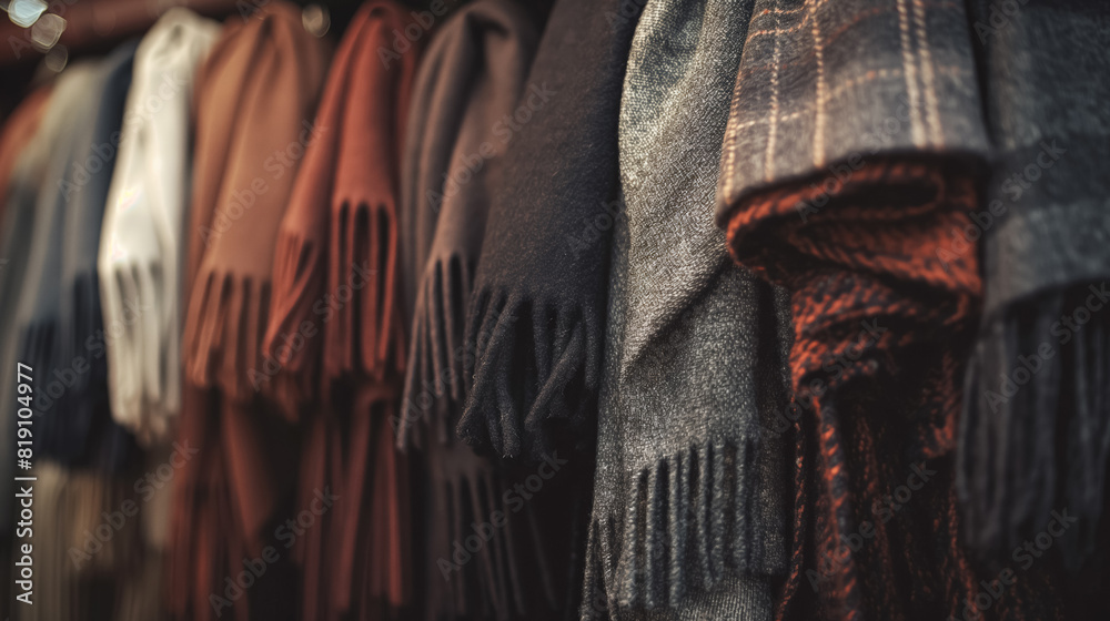 Fototapeta premium Row of folded woolen scarves in various colors and patterns hangs neatly on display, evoking warmth and coziness.