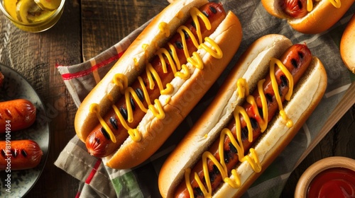  Grilled hot dogs with mustard, ketchup and relish on a picnic napkin photo