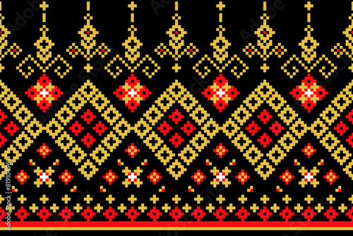 Pixel Tribal Aztec pattern yellow red on black backgrounds