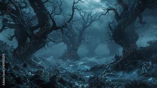 Dark fantasy landscape with twisted black trees. photo