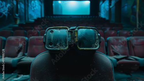 Close up of a dusty VR headset, left on an empty seat in an obsolete virtual cinema, its screen dark and forgotten in a shuttered entertainment district, sharpen with copy space photo