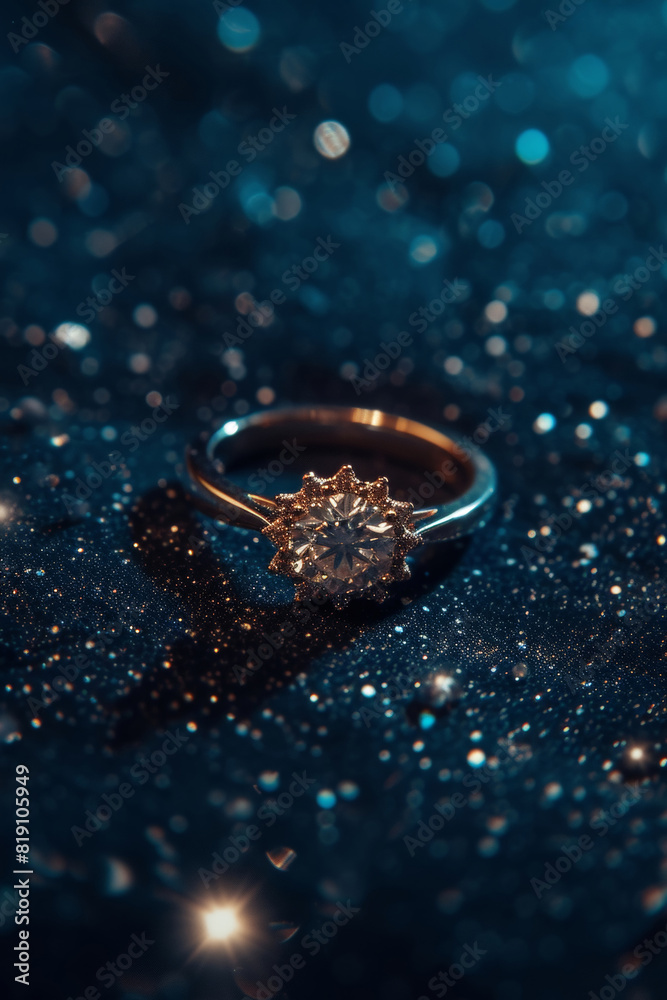 A single engagement ring with a sparkling diamond, set against a blue glittering backdrop evoking magical allure. A single engagement ring with a sparkling diamond, set against a blue glittering backdrop evoking magical allure.