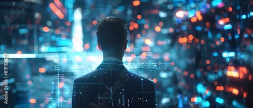Close up of a holographic data analyst, sifting through virtual data clouds over a bustling tech hub, predicting market trends with unprecedented accuracy, sharpen with copy space photo