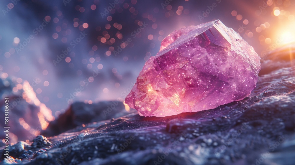 A sizable pink diamond sits atop a rugged rock A sizable pink diamond sits atop a rugged rock