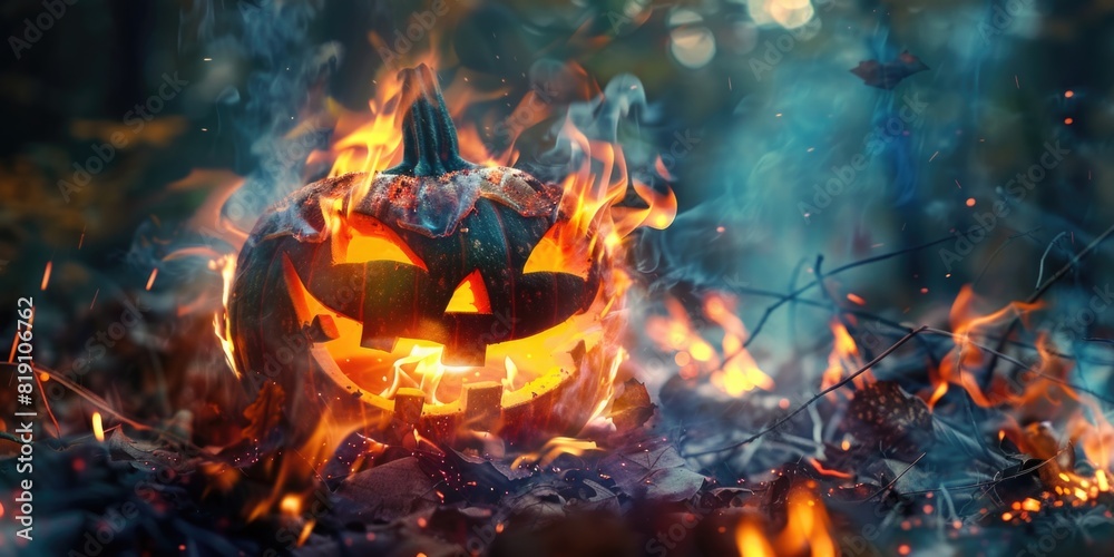 Halloween background template burning pumpkin lanterns with cheerful face in forest Halloween background template burning pumpkin lanterns with cheerful face in forest