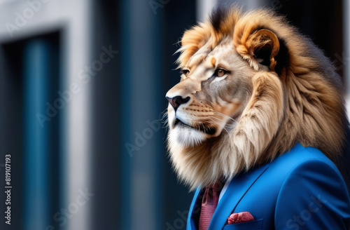 A big lion stands in profile in a blue suit with a red tie on a blue-gray background