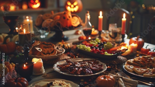  Halloween party table with food and drink
