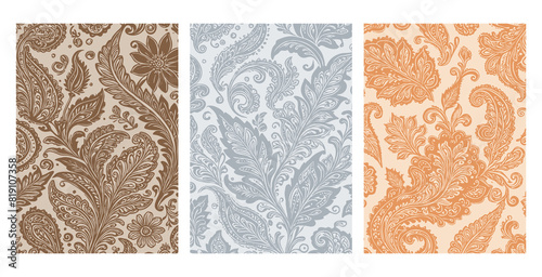 Set of 3 Botanical pattern for fabrics, covers, leaflets, business cards, Happy Birthday cards, Wedding Invitations, for use in graphics . Generated by Ai