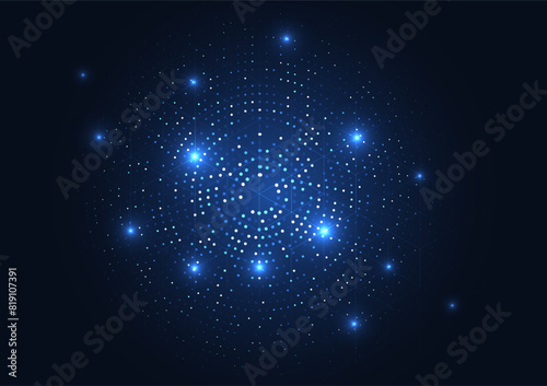 The gradient dots from light to dark blue enhances the depth and dimensionality, interconnected web of glowing nodes against a dark blue background