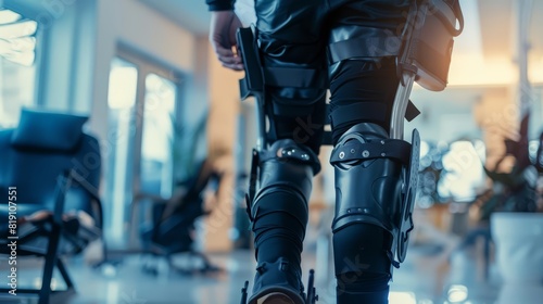 Close up of a rehabilitation facility where exoskeleton suits help patients learn to walk again, visualized against a blurred therapy room, sharpen with copy space photo