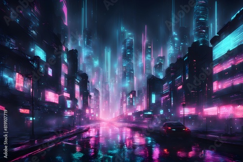 Futuristic data technology background. with neon lights and glowing orbs
