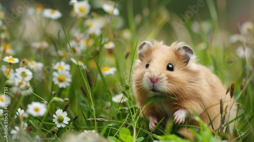 Hamster in the grass. Hamster on a background of flowers