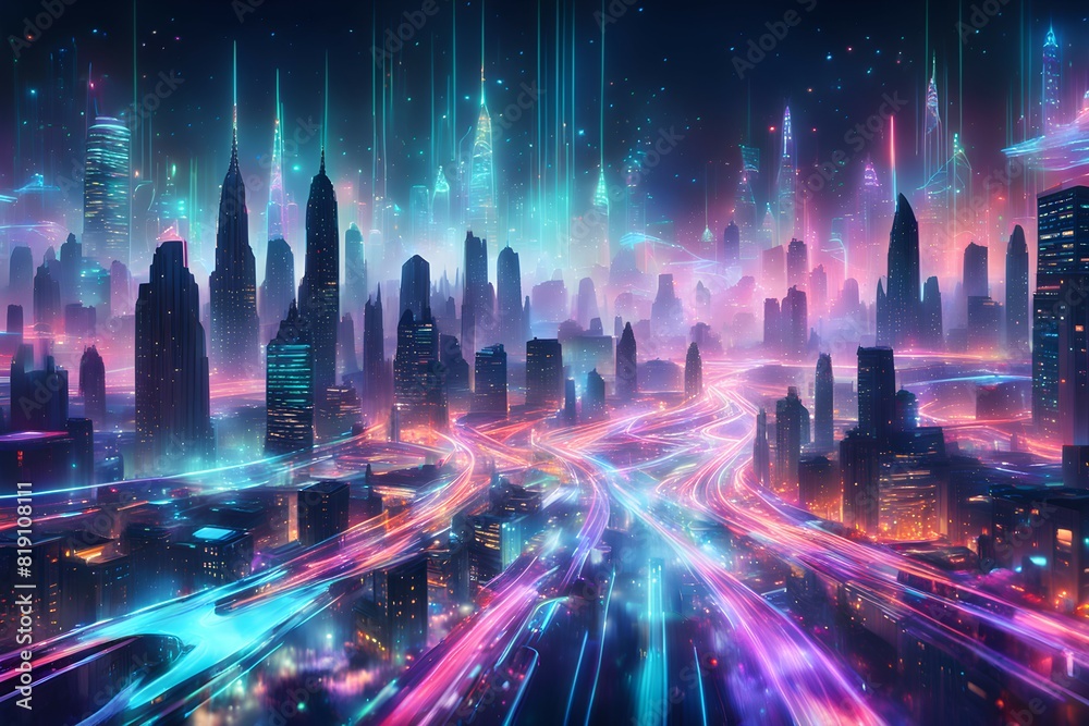 Fototapeta premium Futuristic data technology background. with neon lights and glowing orbs