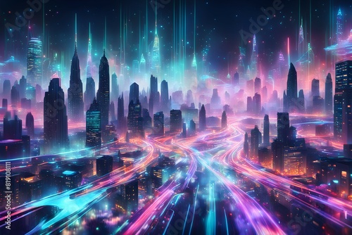 Futuristic data technology background. with neon lights and glowing orbs