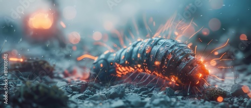 Close up of a thermalimaging caterpillar, crawling over tech debris in a postapocalyptic landscape, its body heatsensitive and glowing, sharpen with copy space photo