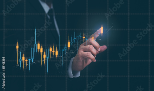 Business financial stock market concept. Businessman analyzing financial data stock market. Business finance stock bar chart Hologram. Business success and growth, economic growth graph.