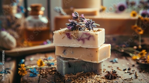 Handmade soap on a wooden table.