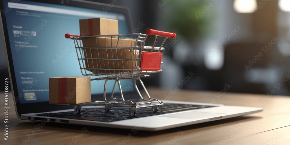 Online shopping. Feature a miniature shopping cart filled with small cardboard boxes placed on the keyboard of an open laptop.
