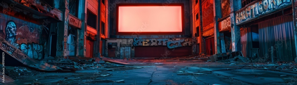 Close up of an abandoned movie theater, its onceglowing holographic sign flickering out against a backdrop of a decaying urban sprawl, sharpen with copy space Close up of an abandoned movie theater, its onceglowing holographic sign flickering out against a backdrop of a decaying urban sprawl, sharpen with copy space