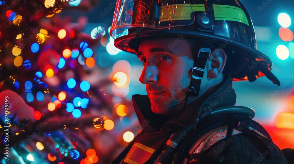 Handsome firefighter - Christmas lights - in duty.