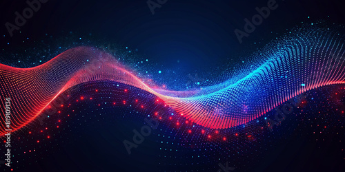 The image is a deep blue background with red and blue waves made of dots. The waves are vibrant and dynamic  creating a sense of movement and energy. The background is dark  allowing the colors.