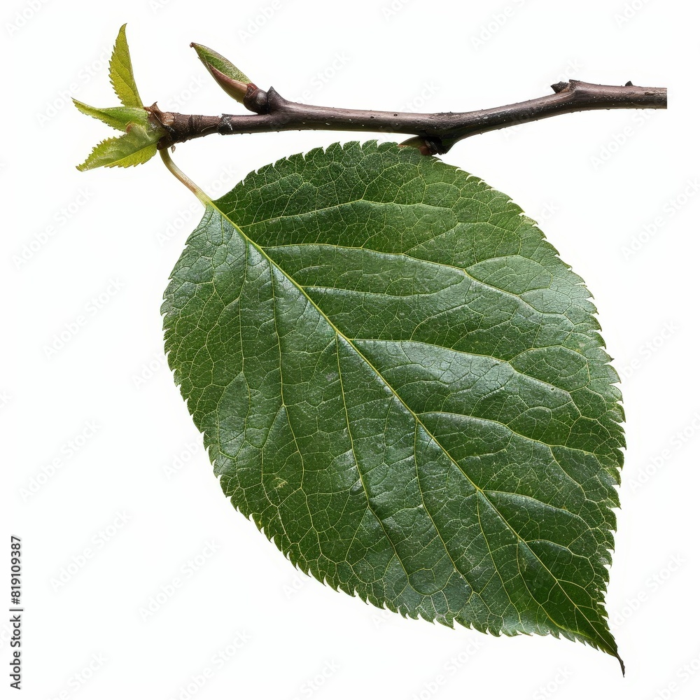 Fototapeta premium A photo of Plum leaf on the branch , super realistic , single object on center , Di-Cut PNG style , isolated on white background