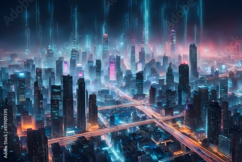 Wallpaper Mural Futuristic data technology background. with neon lights and glowing orbs Torontodigital.ca