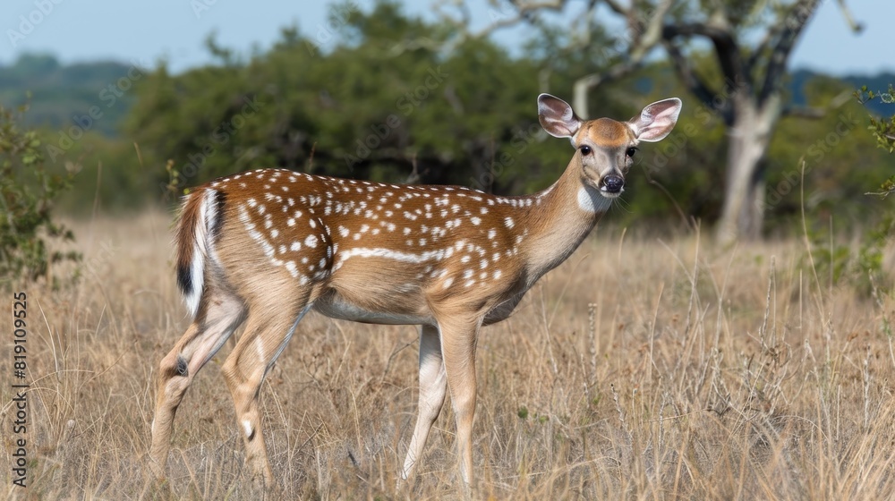 Graceful deer standing alone in a vast expanse of golden dry grass in a rustic rural field Graceful deer standing alone in a vast expanse of golden dry grass in a rustic rural field