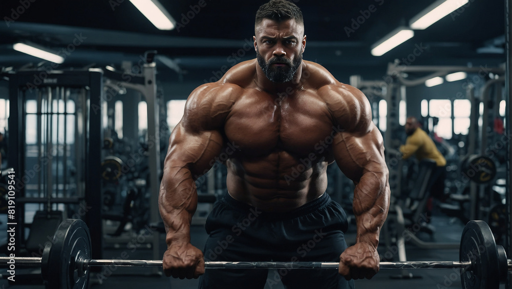 Bodybuilder with a big beard showcasing strength while lifting weights Bodybuilder with a big beard showcasing strength while lifting weights