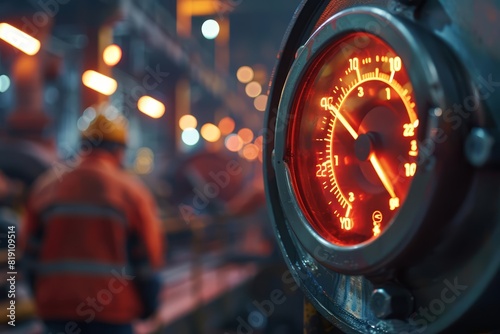 Close up of an effort meter, dynamically displaying energy expenditure of workers in glowing figures, set against a blurred, industrious background, sharpen with copy space photo
