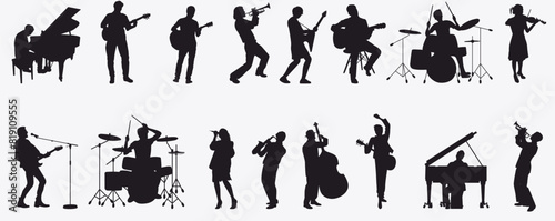 Set of musician silhouette. Musical instrument, musical artist. 