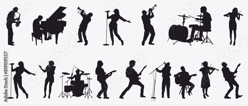 silhouettes set of musicians playing various musical instruments. Collection of musician on isolated white background. 