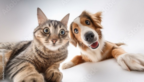 Cat and dog playing together with white background
