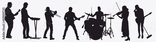 silhouettes set of musicians playing various musical instruments. Collection of musician on isolated white background. 