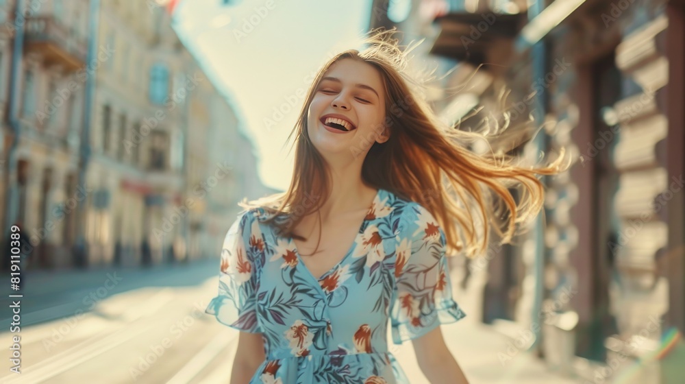 Happy beautiful girl in an elegant fashionable spring dress walking along the city streets